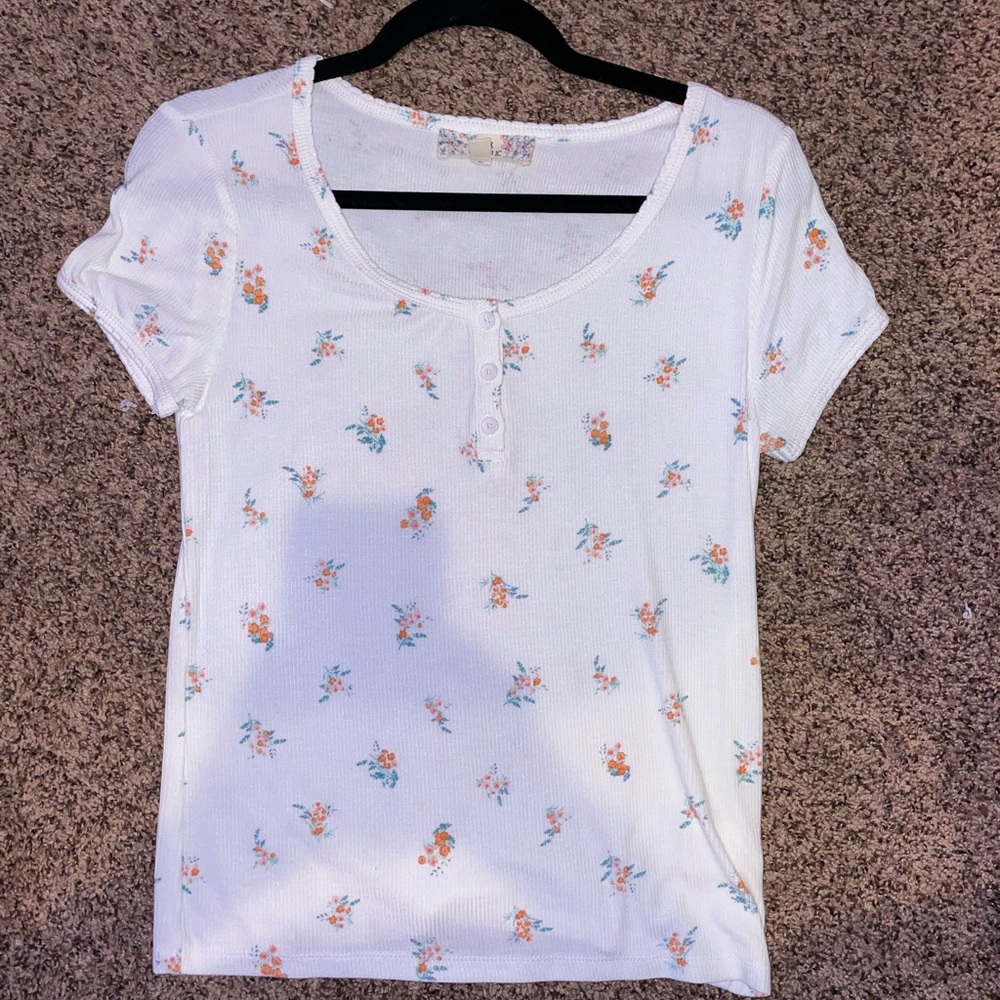 Floral Ribbed Top with Button Detail